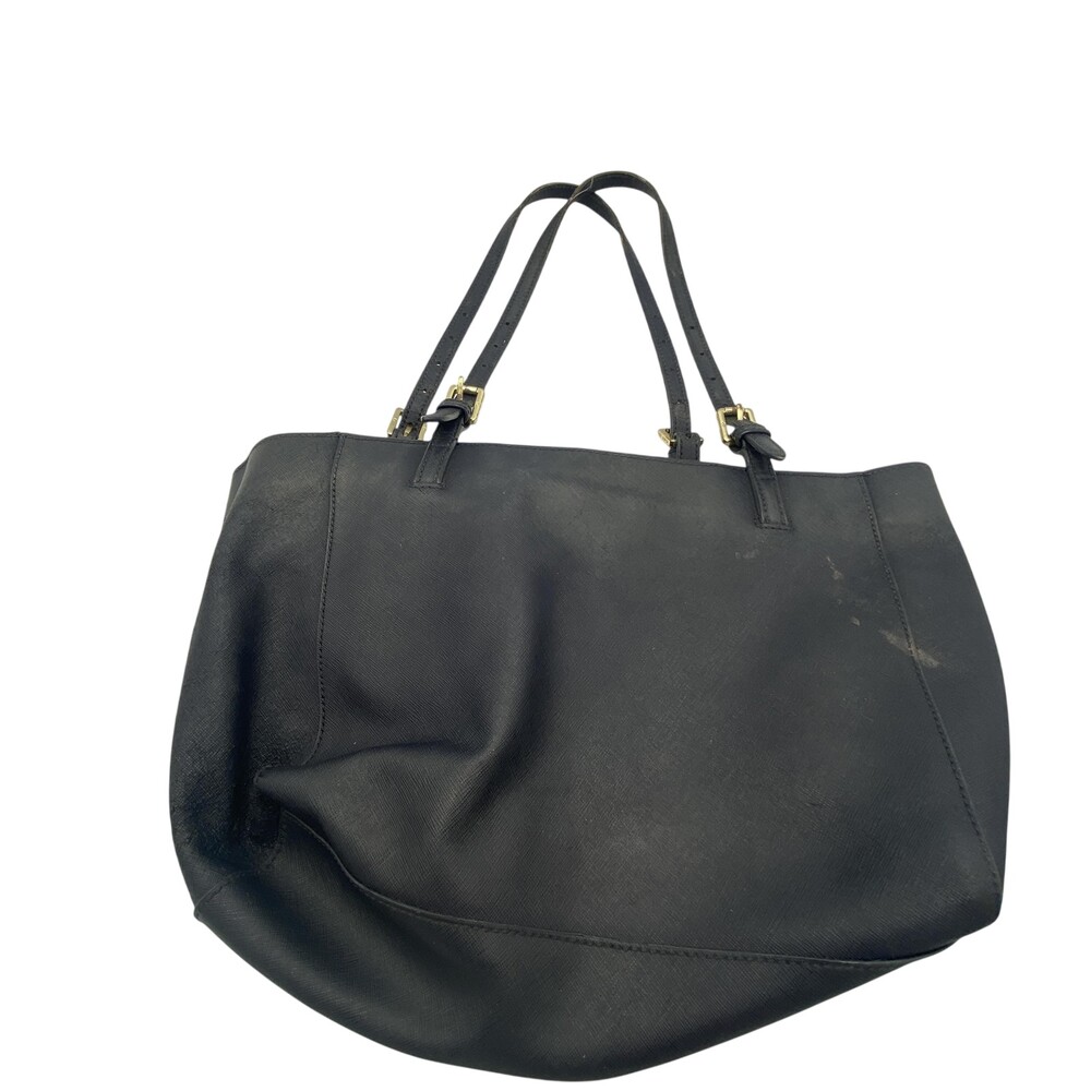 Tory Burch Tote Bag Womens Large Black Leather Shoulder Purse Blue Lining